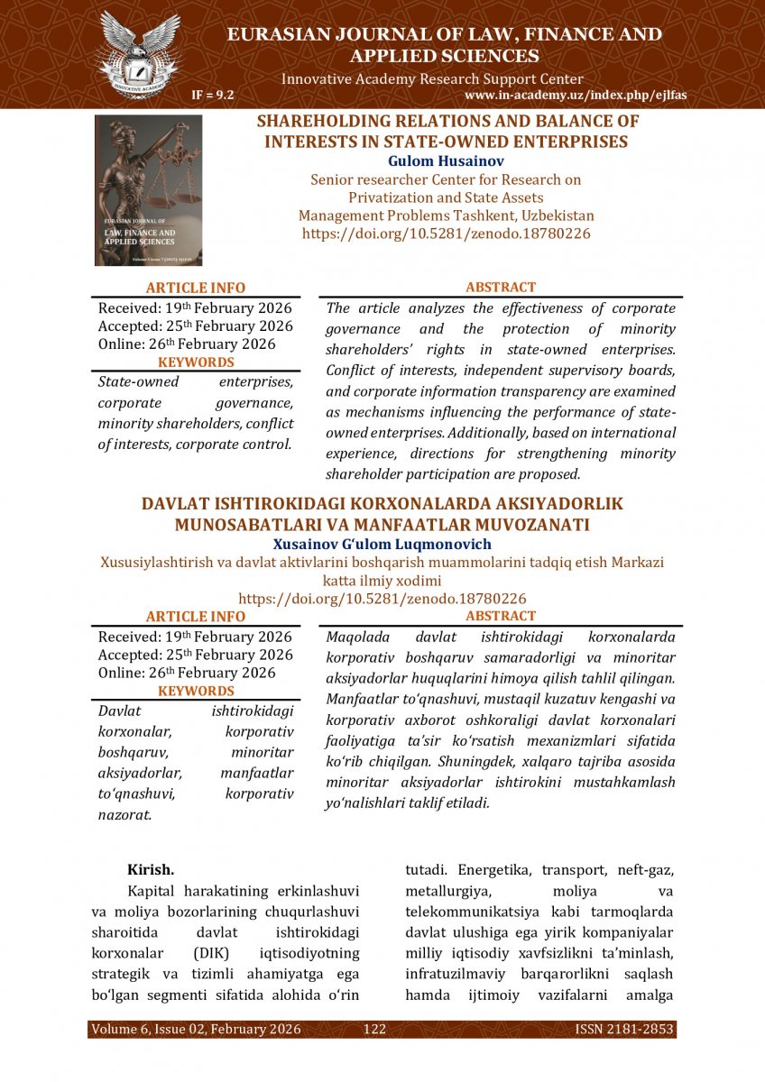 Xusainov G‘ulom Luqmonovich.DAVLAT ISHTIROKIDAGI KORXONALARDA AKSIYADORLIK MUNOSABATLARI VA MANFAATLAR MUVOZANATI