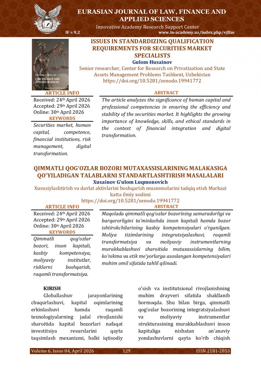 G‘ulom Husainov Qimmatli qog‘ozlar bozori mutaxassislari uchun malaka talablarini standartlashtirish masalalari